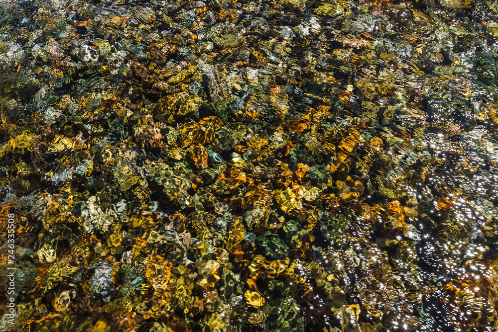 Varicolored detailed texture of stony bottom of transparent brook close up. Clean water in mountain creek. Colorful background of smooth stones in river stream with copy space.