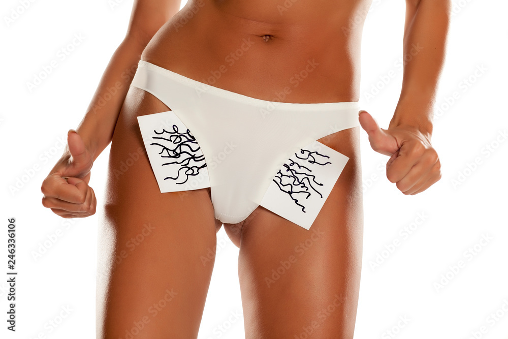 Woman with panties showing her pubic hair drawn on sheet of paper on white  background and showing thumbs up Stock Photo | Adobe Stock