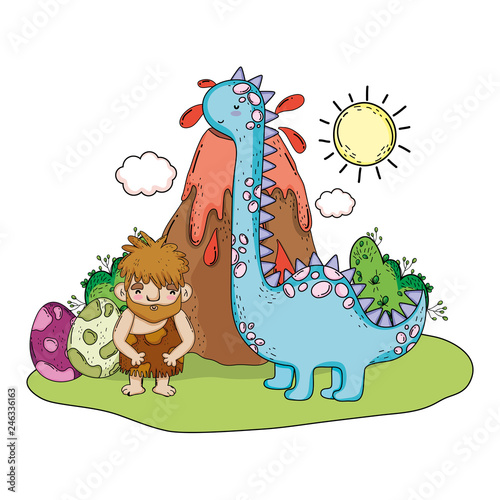 caveman with dinosaur in the landscape and volcano