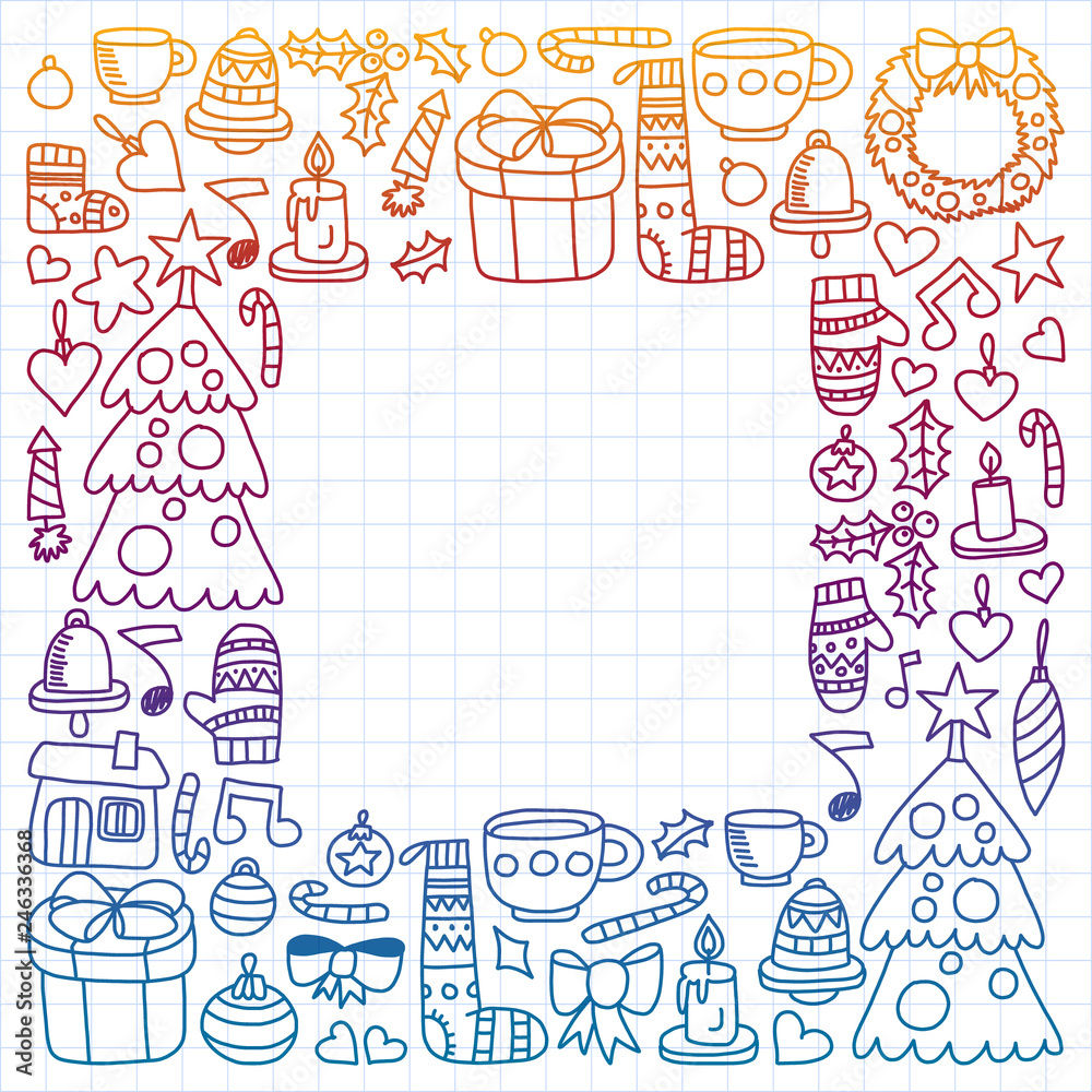 Fototapeta premium Vector set of Christmas, holiday icons in doodle style. Painted, colorful, gradient, on a sheet of checkered paper on a white background.