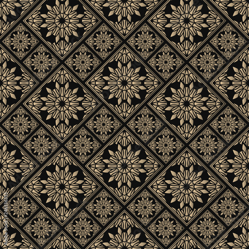 Seamless pattern oriental ornament. Black and golden textile print. Islamic vector design. Floral tiles.