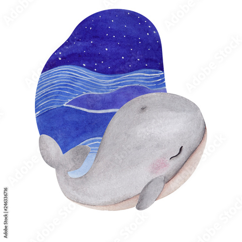 Watercolor illustration with cute whaley, octopus, narwhal and dolphin, leaves and flowers  photo