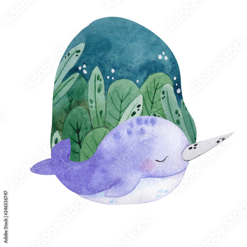 Watercolor illustration with cute whaley, octopus, narwhal and dolphin, leaves and flowers  photo