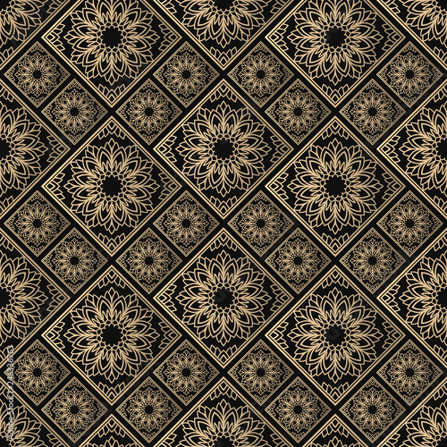 Islamic vector design. Seamless pattern oriental ornament. Black and golden textile print. Floral tiles.