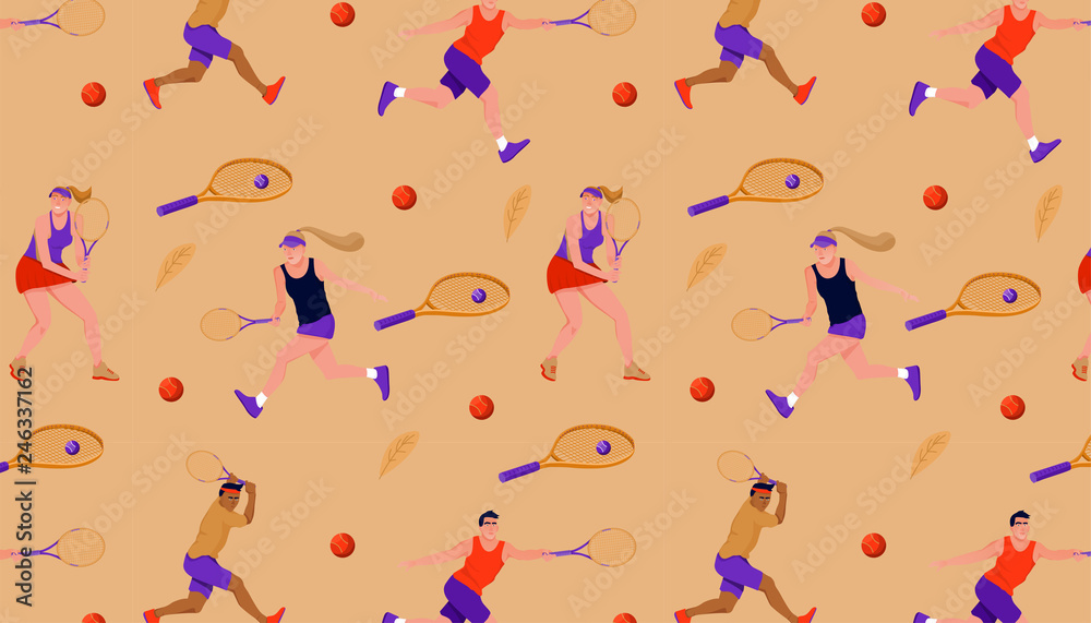 Seamless pattern with tennis players and equipments. Tennis racquet, ball and leave. Vector flat illustration for textile, print, postcard, invitation, poster, background, book, t-shirt.
