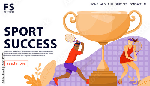 Winning sport concept with gold award cup and tennis players. Landing page template. Vector flat illustration.