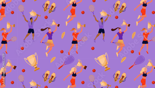 Seamless pattern with tennis players and equipments. Tennis racquet, ball, award cup and leave. Vector flat illustration for textile, print, postcard, invitation, poster, background, book, t-shirt.