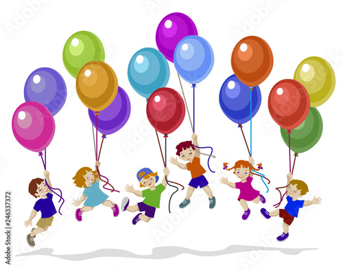Happy kids flying balloons. Vector illustration  clip art  cartoon colors. colorful.