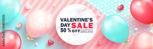 Valentine s Day sale background.Romantic composition with hearts, balloons and beads. Vector illustration for website , posters,ads, coupons, promotional material.