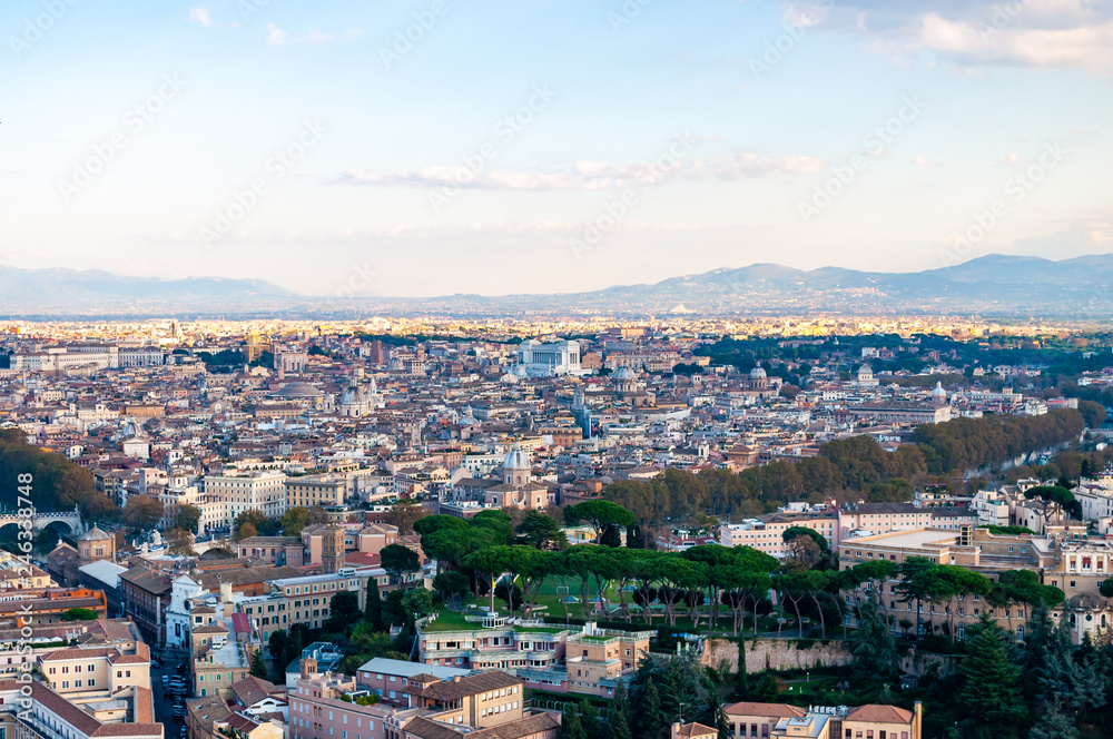 Rome cityscape urban skyline view from above with lots of history, arts, religion and architecture