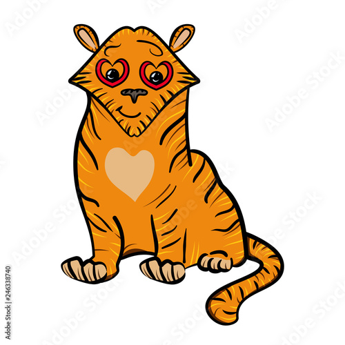 Tiger - wild cat with a heart on his chest. Valentine's Day. Bright vector illustration. The sweet feeling of love.  Vector