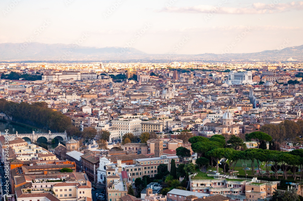 Rome cityscape urban skyline view from above with lots of history, arts, religion and architecture