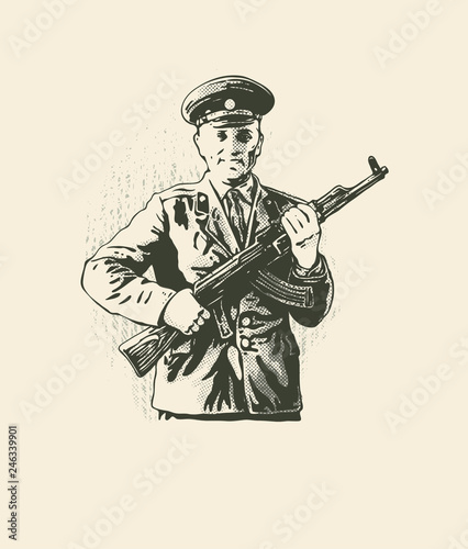 Lieutenant of the Soviet Army with kalashnikov and a smile.
