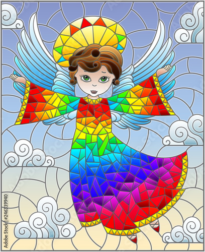 Illustration in stained glass style with cartoon rainbow angel against the cloudy sky