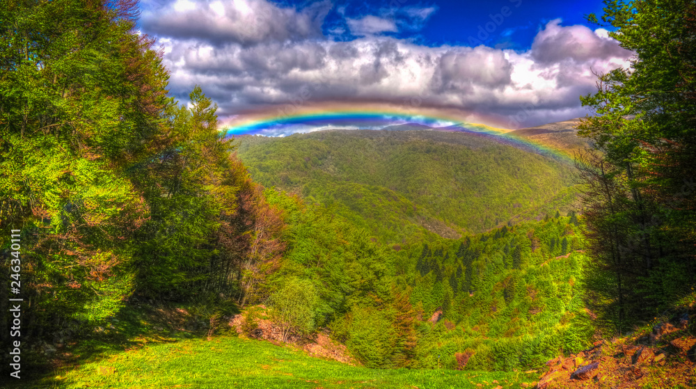 Obraz premium Landscape of Mavrovo national park with rainbow, mountain and lake in FYR Macedonia