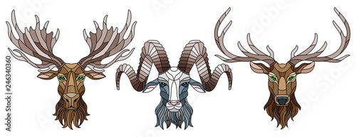 A set of stained glass items, stained glass with animal heads, a deer,  a elk and a RAM, isolates on white background