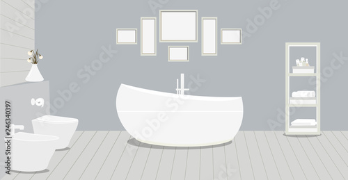 Provencal style bathroom with a fashionable bath toilet  bidet  toilet paper vase with snowdrops a rack for towels and cosmetics  paintings on violet wall.Wooden planks on floor.Vector illustration