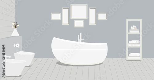 Provencal style bathroom with a fashionable bath,toilet, bidet, toilet paper,vase with snowdrops,a rack for towels and cosmetics, paintings on violet wall.Wooden planks on floor.Vector illustration