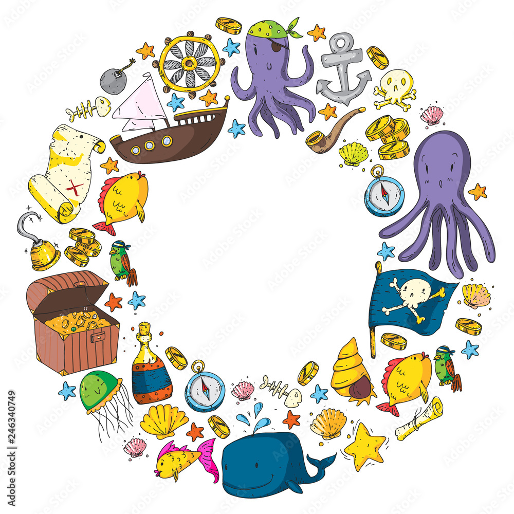 Obraz premium Ocean and sea for children. Pattern for boys. Pirate party. Cute fishes, animals, treasures. Kids vacation pattern, beach toys and elements.