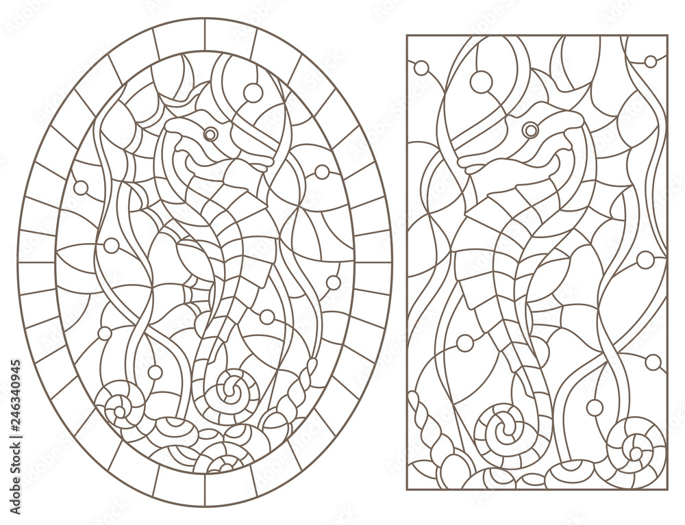 Set contour illustrations of stained glass with sea horses on a background  of seaweed, rectangular and oval image Stock Vector | Adobe Stock