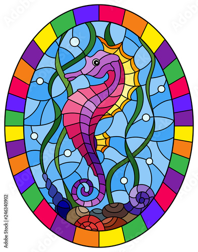 Illustration in stained glass style with a  fish seahorse on the background of water and algae,oval picture frame in bright