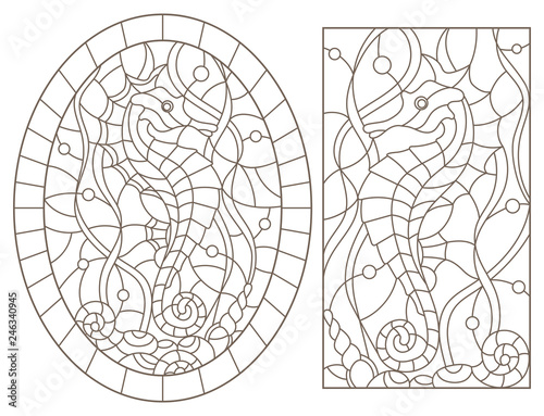 Set contour illustrations of stained glass with sea horses on a background of seaweed, rectangular and oval image