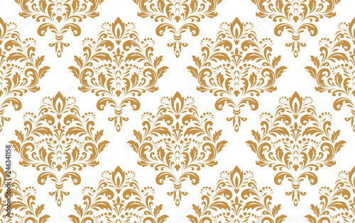 Wallpaper in the style of Baroque. Seamless vector background. White and gold floral ornament. Graphic pattern for fabric, wallpaper, packaging. Ornate Damask flower ornament
