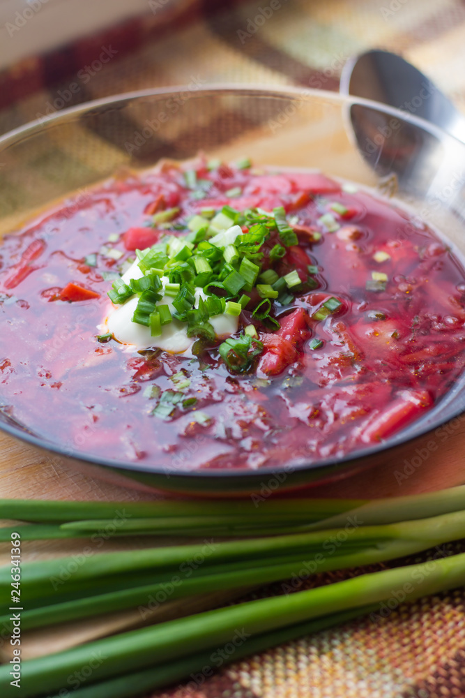 Borsch with sour cream and greens. Dinner. Red soup. Proper healthy eating. Borsch with sour cream and greens. Dinner. Red soup. Proper healthy eating.