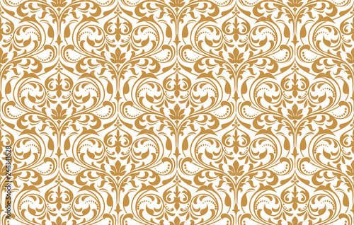 Wallpaper in the style of Baroque. Seamless vector background. White and gold floral ornament. Graphic pattern for fabric, wallpaper, packaging. Ornate Damask flower ornament