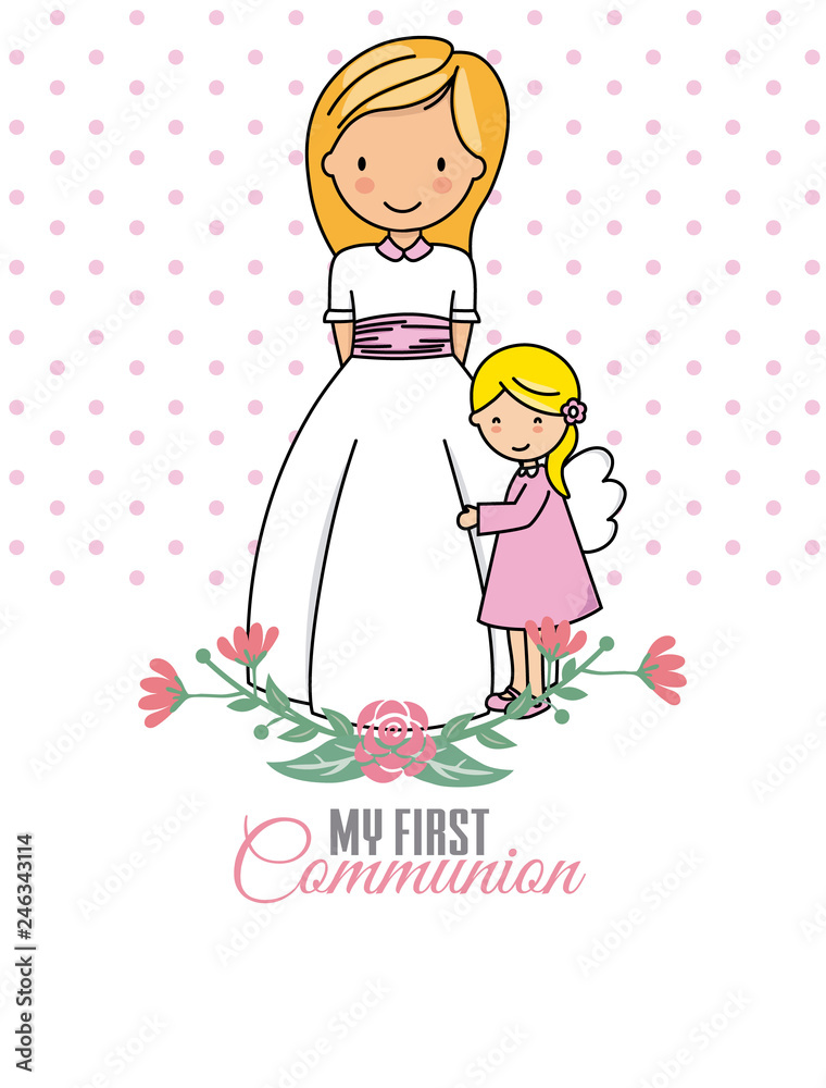 My first communion. Girl and angel. Space for text My first communion. Girl and angel. Space for text