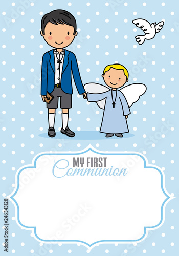 My first communion. Boy and angel. Space for text