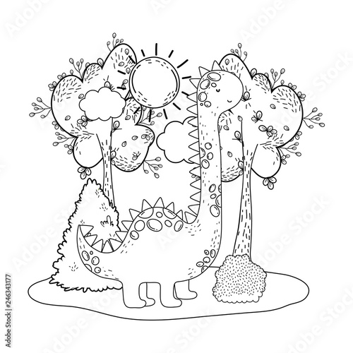 cute apatosaurus with tree in the landscape