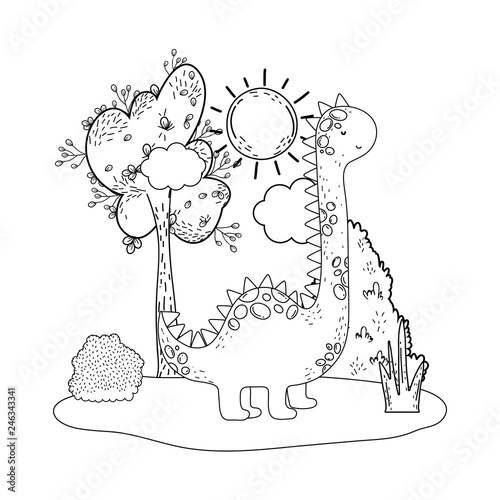 cute apatosaurus with tree in the landscape