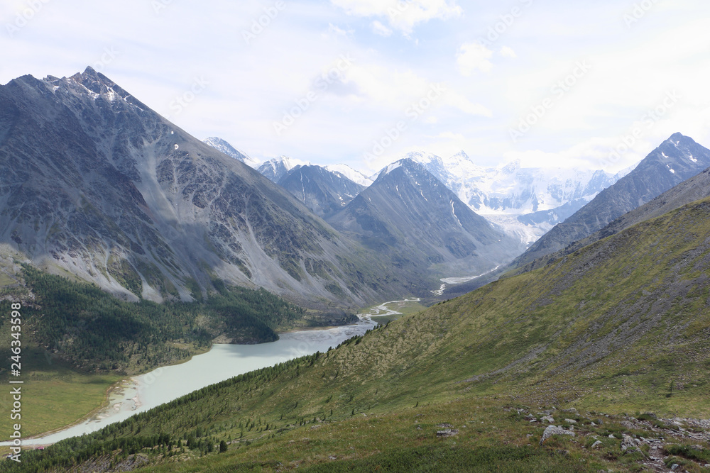 View of Belukha Mount and Lake Akkem from the Kara-Turek Pass, Altai Mountains, Russia