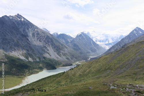 View of Belukha Mount and Lake Akkem from the Kara-Turek Pass  Altai Mountains  Russia