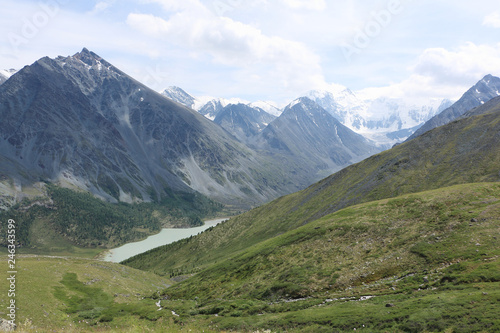 View of Belukha Mount and Lake Akkem from the Kara-Turek Pass, Altai Mountains, Russia