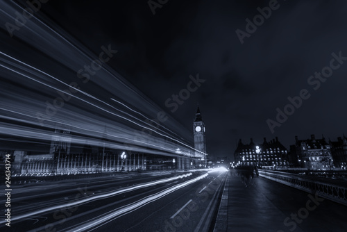 Night traffic on Westminster Bridge, long exposure