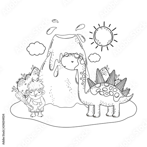 caveman with dinosaur in the landscape and volcano