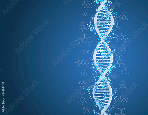 Digital 3D DNA helix with particles and molecules background - Innovation, modern medicine, technology and human genome concept