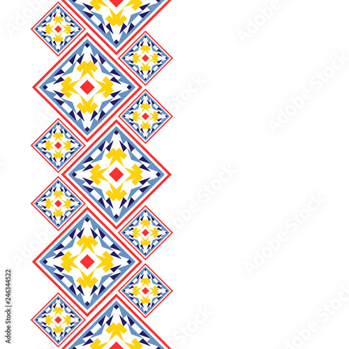 Bright frame in american indian style. Seamless border for design. Ethnic ornament on white background. Navajo tiles.