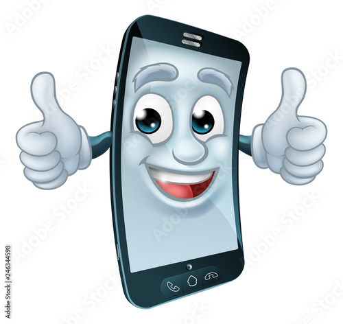 A mobile phone cell mascot cartoon character giving a thumbs up graphic illustration
