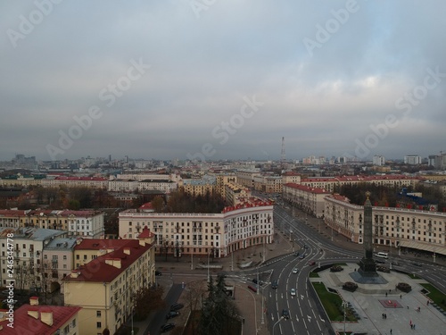 Drone photo of Minsk, Belarus near victory square 