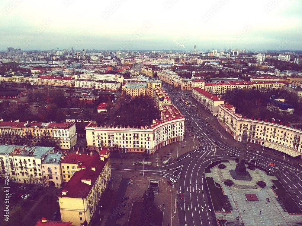Minsk, Belarus: drone photo above Victory Square in autumn 