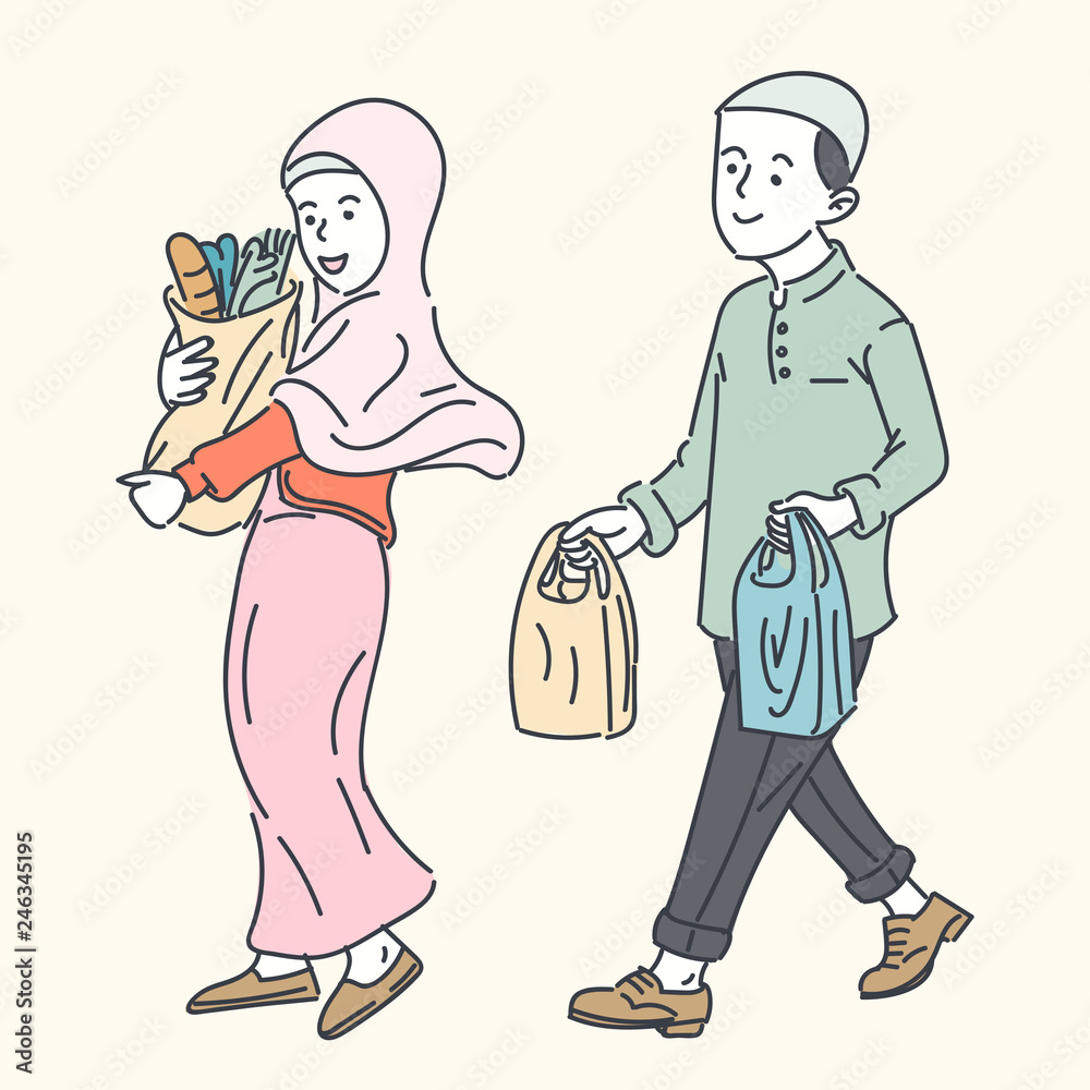 Happy Muslim family, simple line cartoon Illustration Happy Muslim family, simple line cartoon Illustration