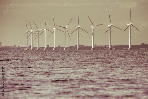 Wind turbines farm in Baltic Sea, Denmark
