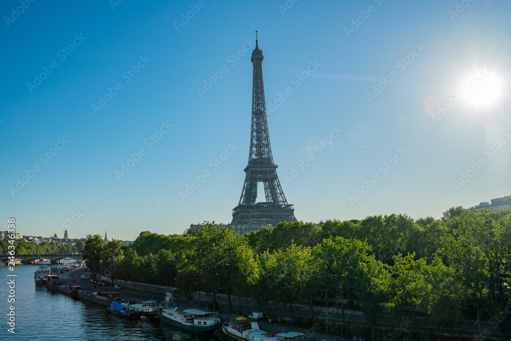 Morning view of the famous Eiffel Tower and downtown citypscape