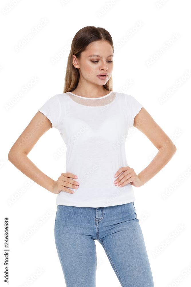 Obraz premium The girl is strictly looking down put his hands on the waist