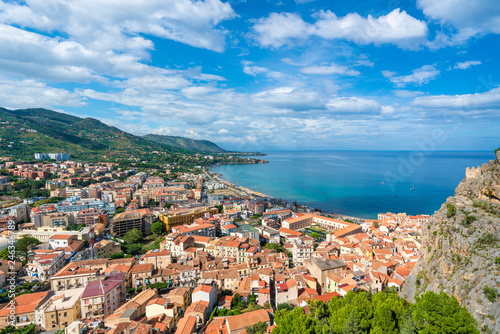Aerial view of Cefalu and Mediterranean sea, seen from La Rocca park, Sicily island, Italy