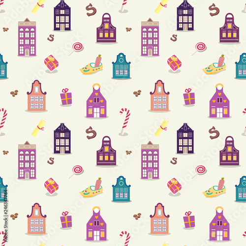 Wallpaper Mural Seamless St Nicholas day pattern with cute colored holland traditional houses and shoes and candies. Torontodigital.ca