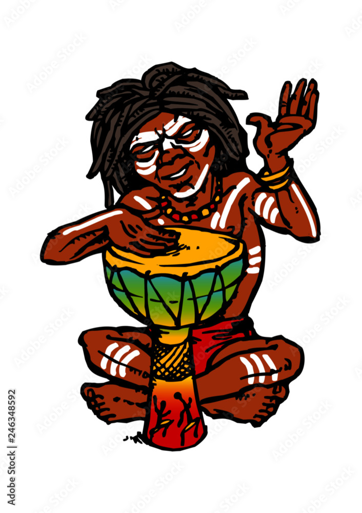 Australian aboriginal native sitting and playing on drum, color clipart